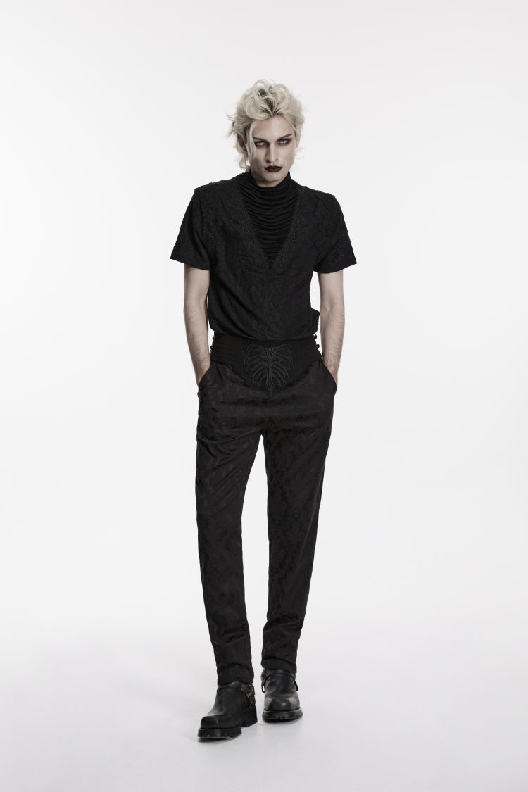 Black Embroidered Slim Pleated Men's Gothic Pants - Black - 1
