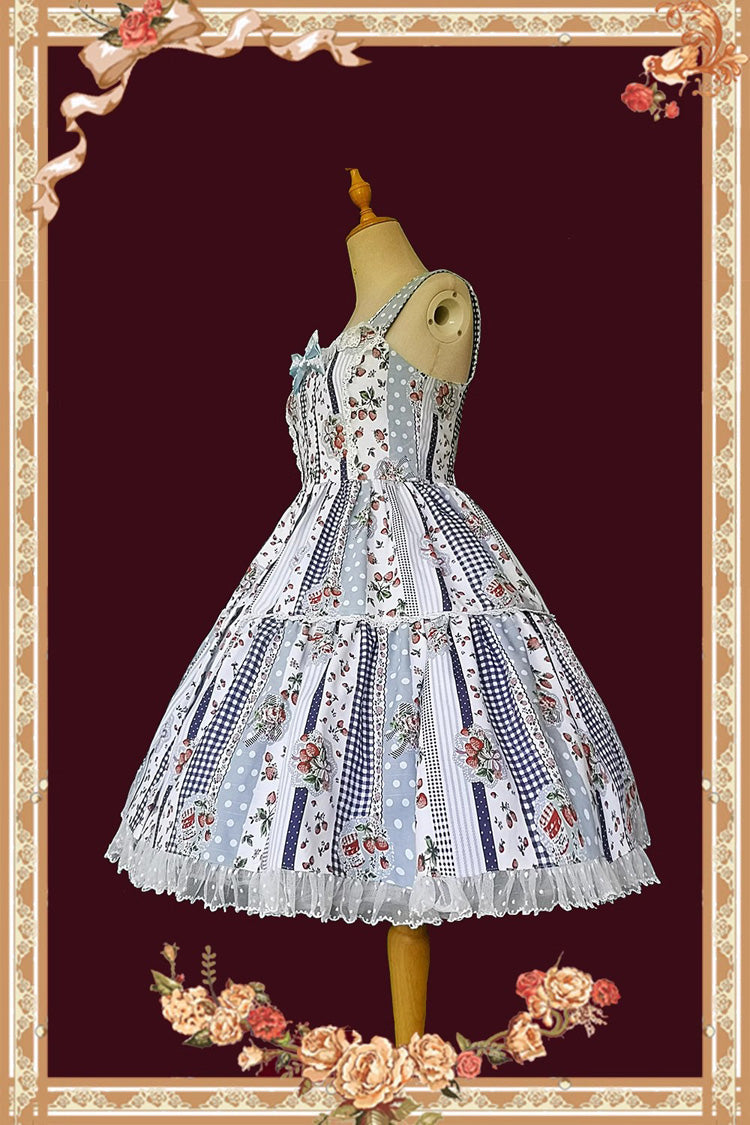 Light Blue Strawberry Plaid Print Bowknot Sleeveless Ruffle Sweet Lolita Dress - Product - 7