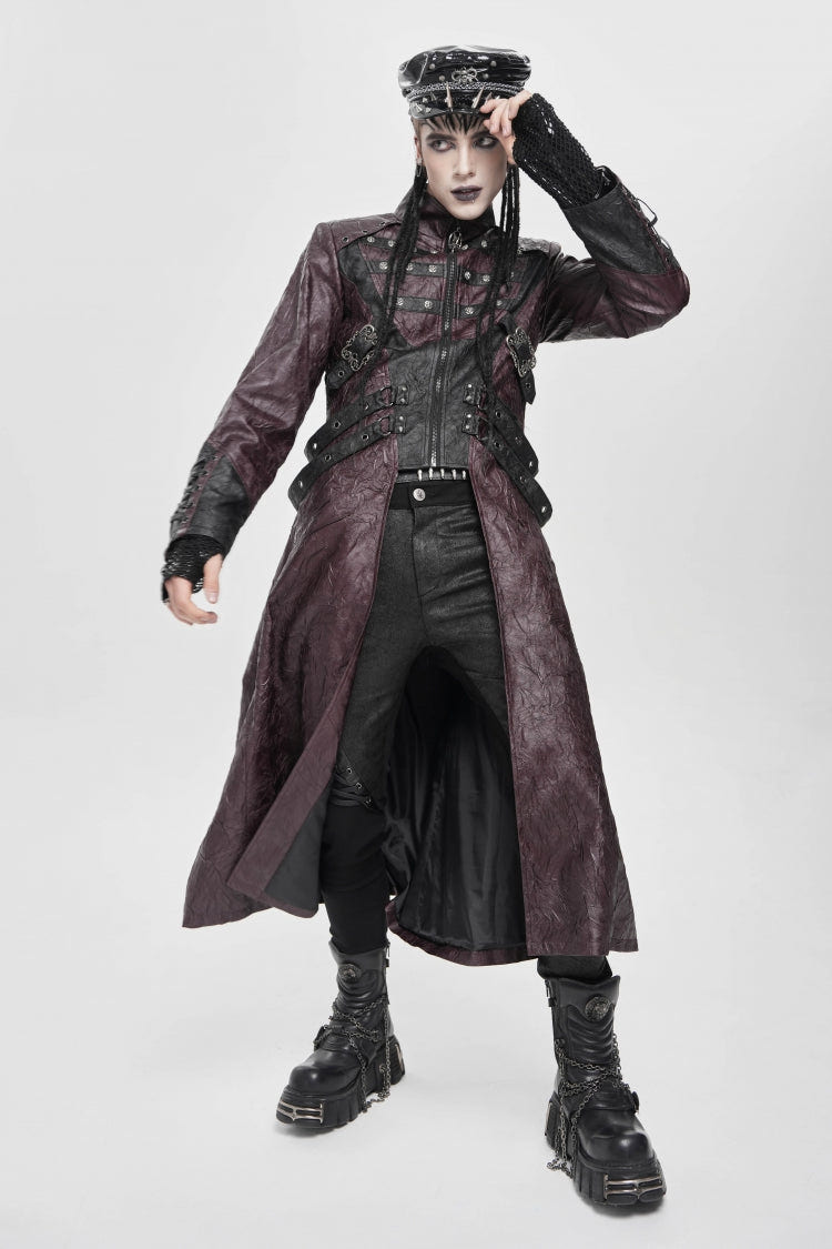 Red Stand Collar Zipper Straps Eyelet Men's Punk Coat - Product - 11