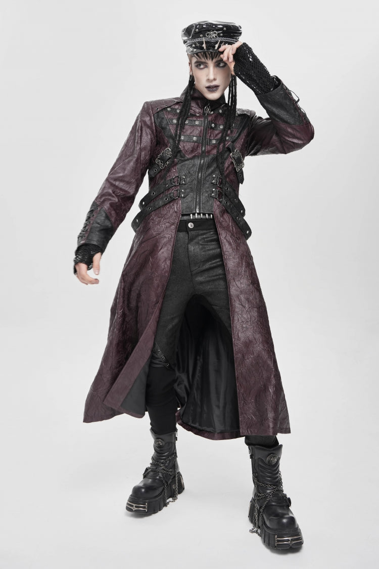Red Stand Collar Zipper Straps Eyelet Men's Punk Coat - Product - 11