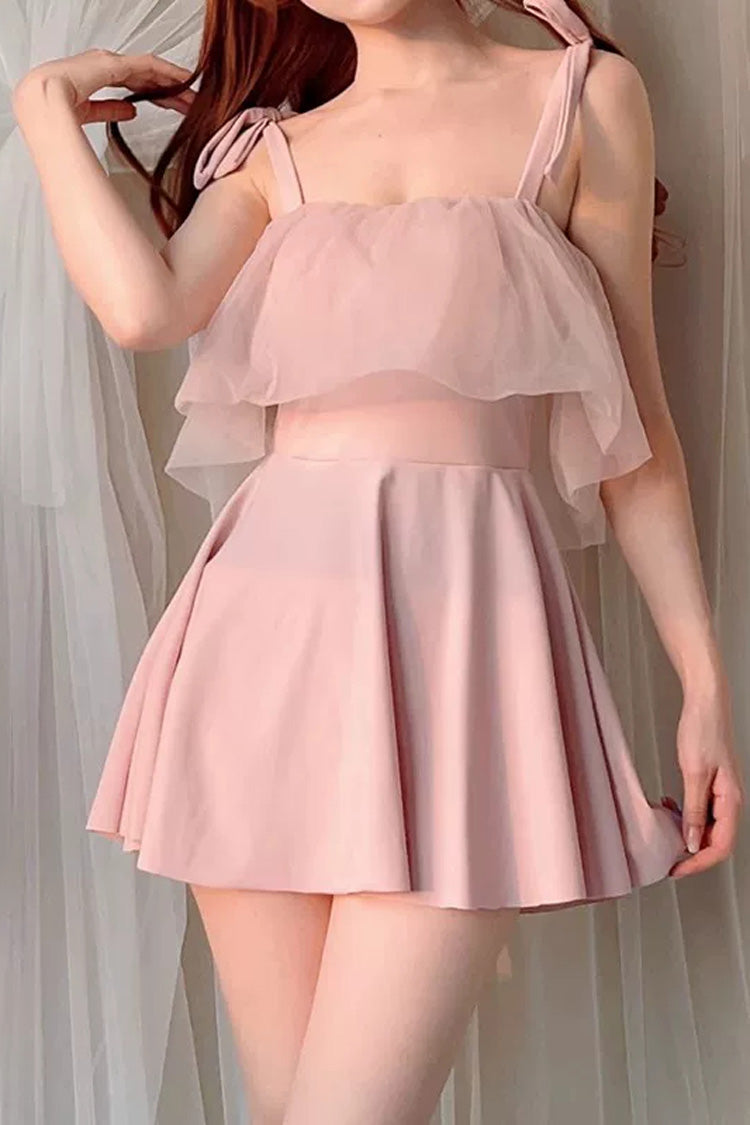 Pink Sleeveless Ruffled Lace-Up Sweet Japanese Lolita One-Piece Swimsuit - Product - 2