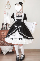White/Black Long Sleeves Cardigan Bowknot Maid Gothic Lolita Dress - White/Black - 1