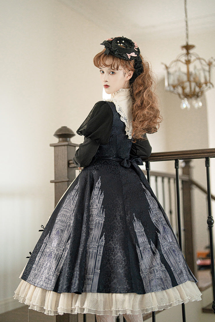 Black/White Church Bells Print Ruffle Cardigan Bowknot Gothic Elegant Lolita Dress - Product - 3
