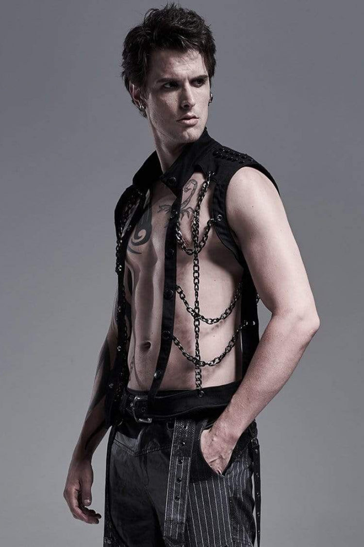 Black Stand Collar Single-breasted Metal Rivet Chain Decoration Hollow Mens Steampunk Vest - Product - 3