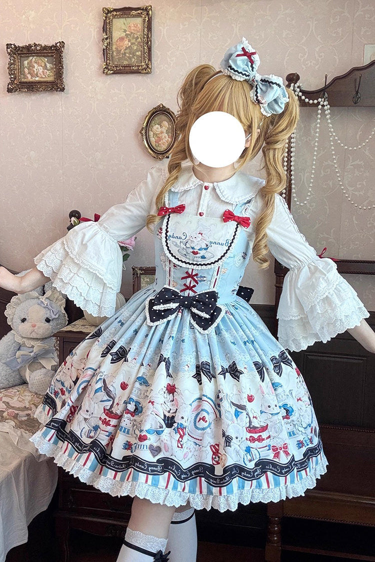 Blue [Mystery Rabbit Tea Party] Sleeveless Print Ruffle Bowknot Lace Sweet Lolita Jsk Dress - Product - 3