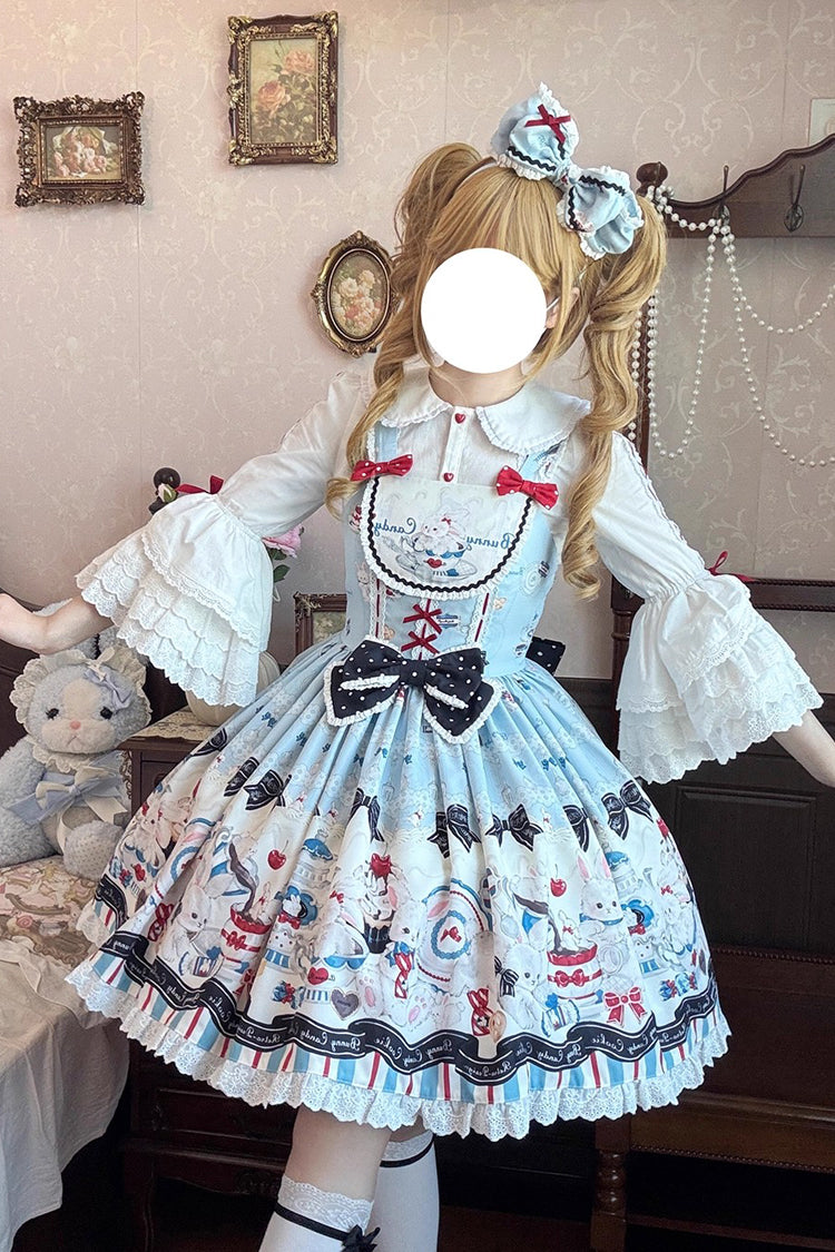 Blue [Mystery Rabbit Tea Party] Sleeveless Print Ruffle Bowknot Lace Sweet Lolita Jsk Dress - Product - 3