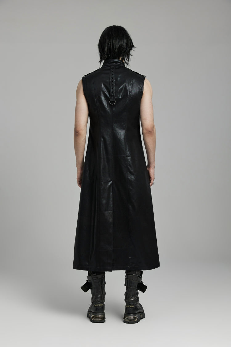 Black Stand Collar Sleeveless Faux Leather Men's Punk Long Vest - Product - 4