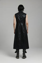 Black Stand Collar Sleeveless Faux Leather Men's Punk Long Vest - Product - 4