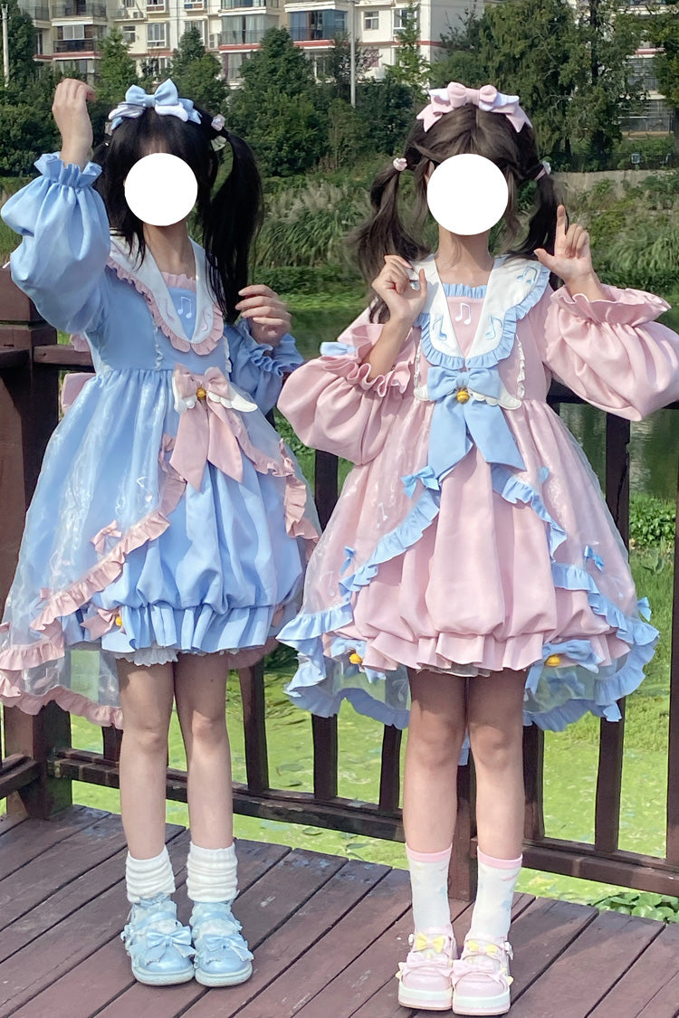 Pink Long Sleeves Music Notes Print Ruffle Bowknot Lace Sweet Lolita Dress - Product - 5