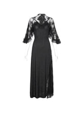 Black Stretch Printed Knit Panel Lace High Slit Asymmetric Women's Gothic Dress - Product - 5