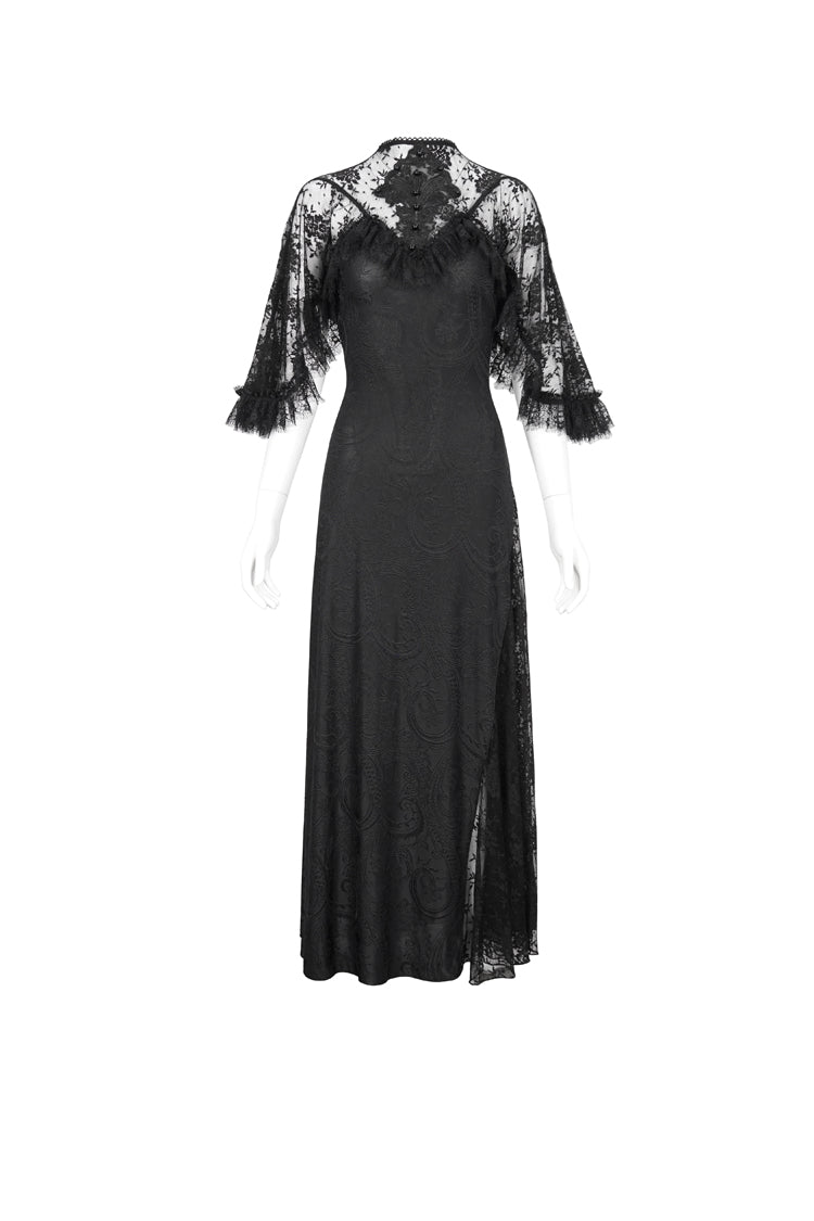 Black Stretch Printed Knit Panel Lace High Slit Asymmetric Women's Gothic Dress - Product - 5