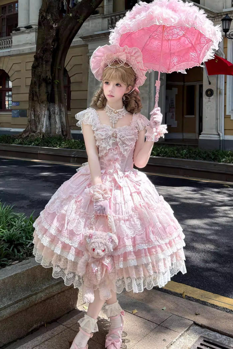 Pink [Moonlit Sakura Ode] Sleeveless Multi-Layered Ruffled Bow Lace Sweet Lolita Dress - Product - 6