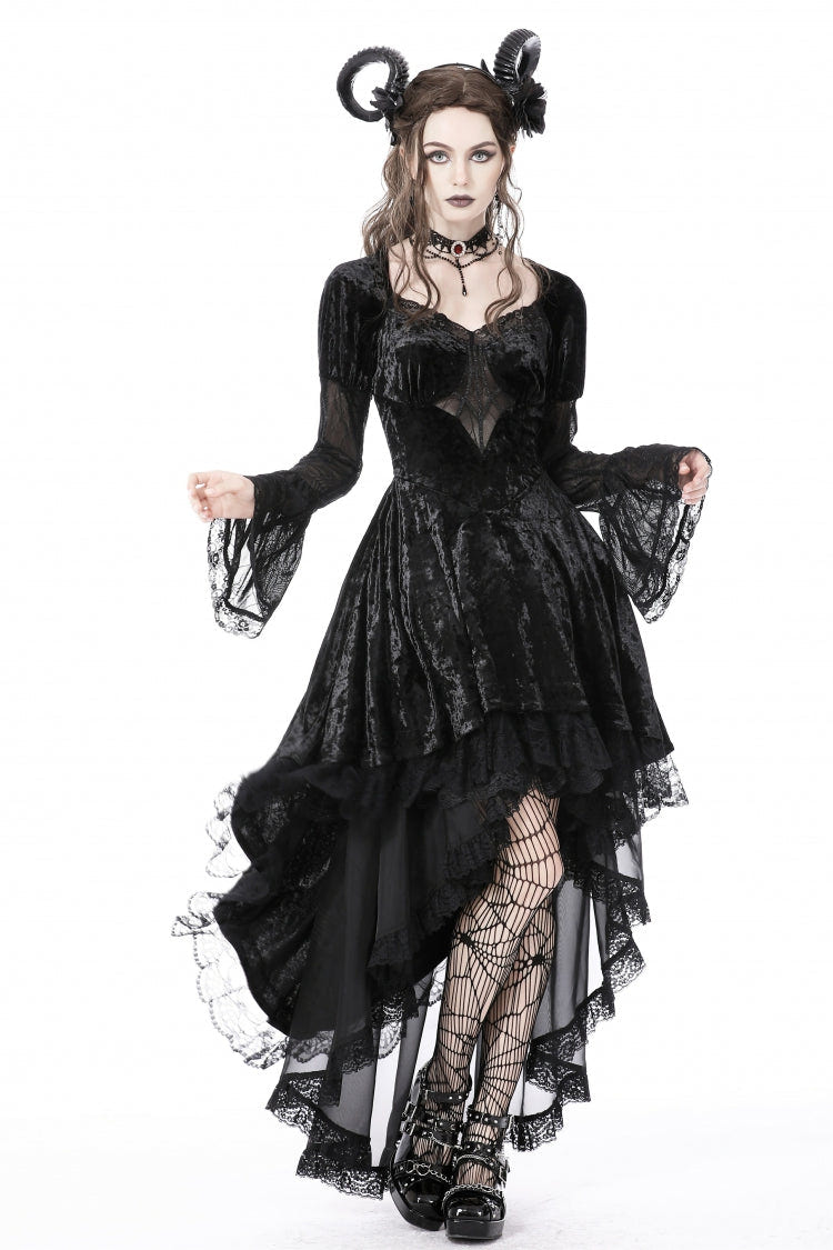 Black Long Puff Sleeves High Low Irregular Multi-Layered Lace Women's Gothic Velvet Dress - Product - 6