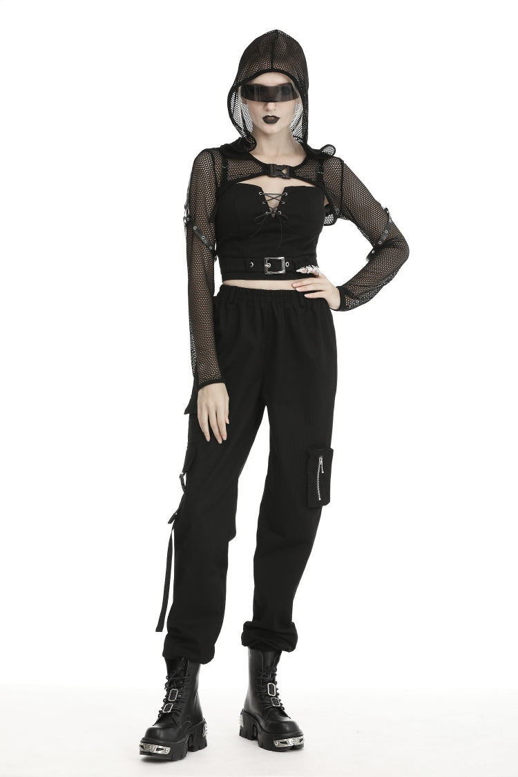 Black Long Sleeves Fishnet Mesh Women's Gothic Punk Hooded Cape - Product - 8