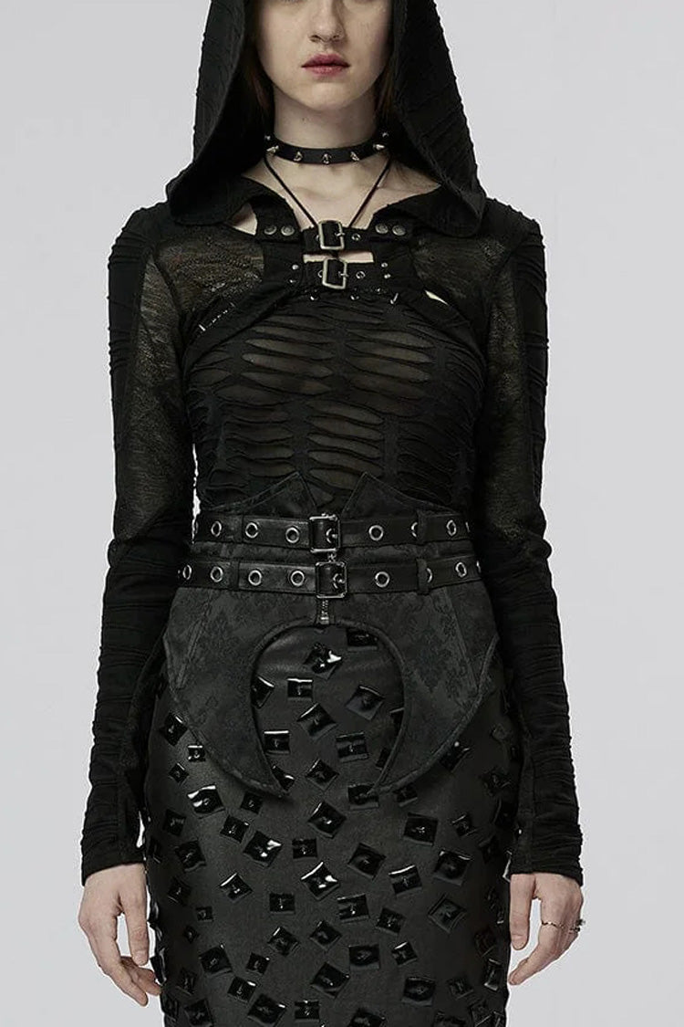 Black Hollow Stretch-Knit Stitching Detachable Hooded Stripe Buckles Womens Steampunk Jacket - Black - 1
