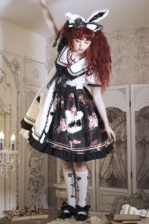 Black/White Navy Collar Short Sleeves Strawberry Bear Print Ruffled Hem Sweet Lolita Dress - Product - 3