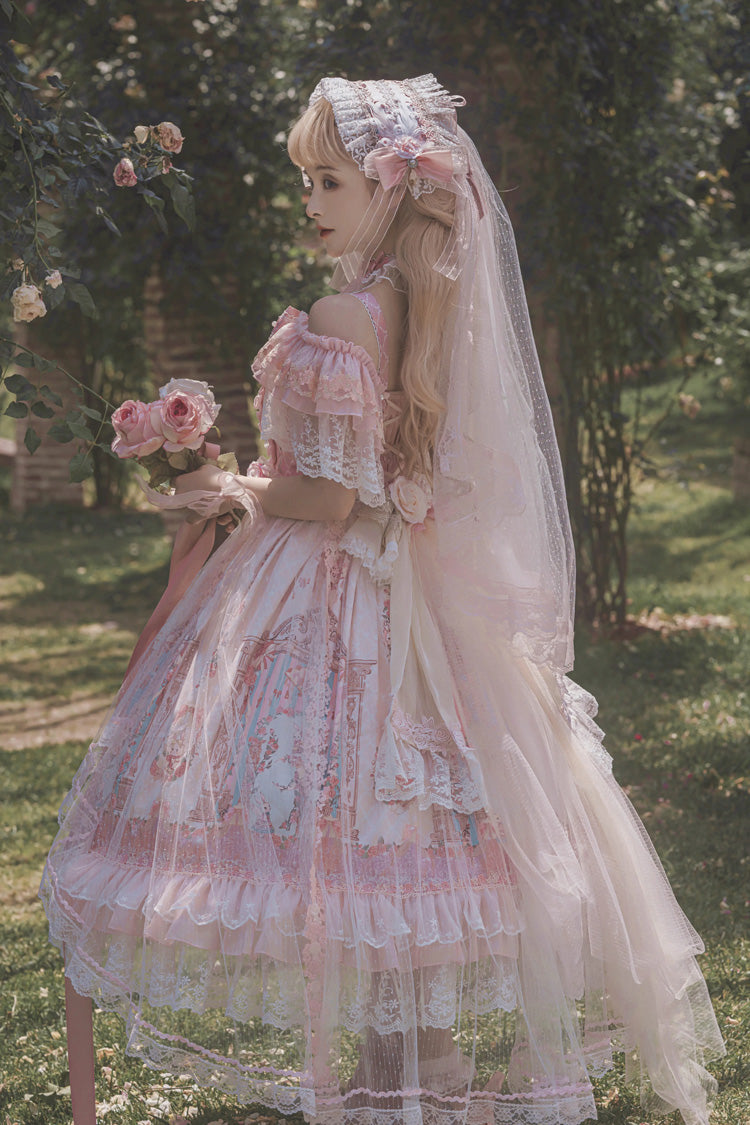 Pink [Moonlight Melody] Off Shoulder Sleeveless Multi-Layered Hanayome Open-Front Bow Lace Sweet Gorgeous Lolita Jsk Dress Set - Product - 5