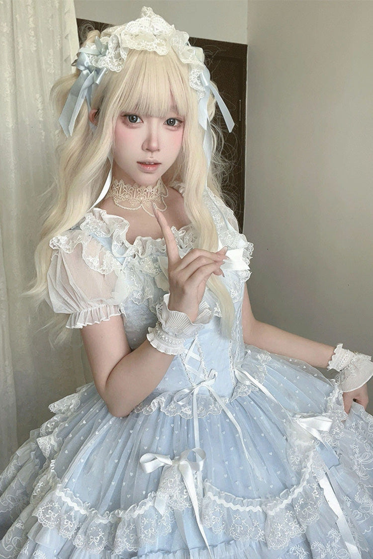 Blue [Candy House] Sleeveless Ruffle Bowknot Lace Lace-Up Sweet Lolita Jsk Dress - Product - 2