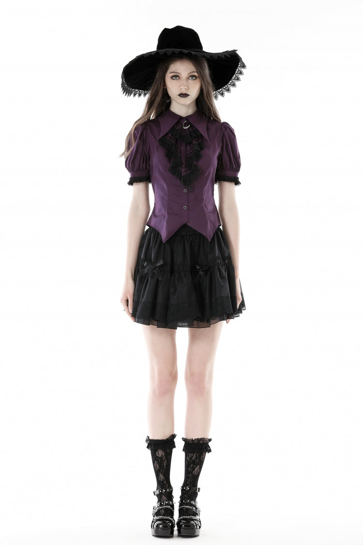 Purple Moon Frilly Collar Short Puff Sleeves Women's Gothic Blouse - Product - 5