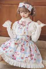 Light Blue [Letter from Showa] Rabbit and letter Print Ruffle Bowknot Sweet Princess Lolita Strap Dress - Product - 2