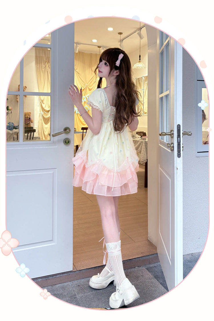 Apricot/Pink [Bubble Lover] Short Puff Sleeves Multi-Layered Ruffle Lace Sweet Princess Lolita Dress - Product - 5