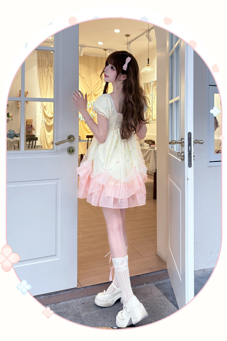 Apricot/Pink [Bubble Lover] Short Puff Sleeves Multi-Layered Ruffle Lace Sweet Princess Lolita Dress - Product - 5