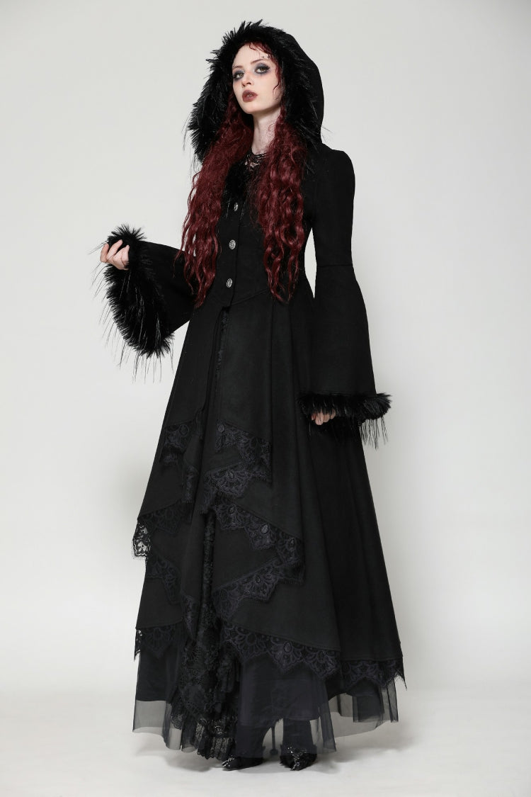 Black Long Bell Sleeves Lace Button Women's Gothic Romantic Coat with Hood - Product - 6