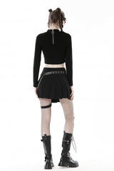 Black Long Sleeves Cut-Out Spliced Mesh Zippered Strappy Eyelet Women's Punk Crop Top - Product - 11