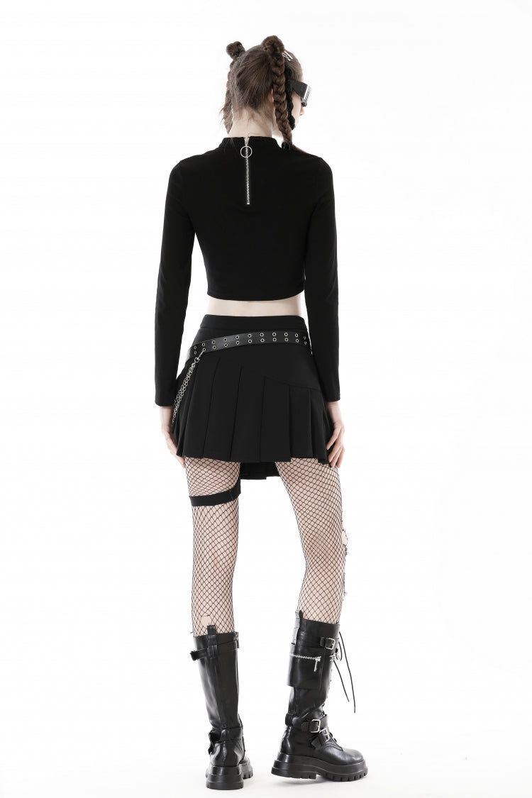 Black Long Sleeves Cut-Out Spliced Mesh Zippered Strappy Eyelet Women's Punk Crop Top - Product - 11