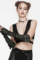 Black Leather Stitching Snake Pattern Lace Mesh Women's Steampunk Arm Sleeves - Product - 3