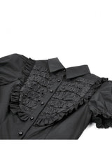 Black Pointed Turn‑down Collar Ruffled Short Puff Sleeves Pleated Women's Gothic Victorian Slim Blouse - Product - 12