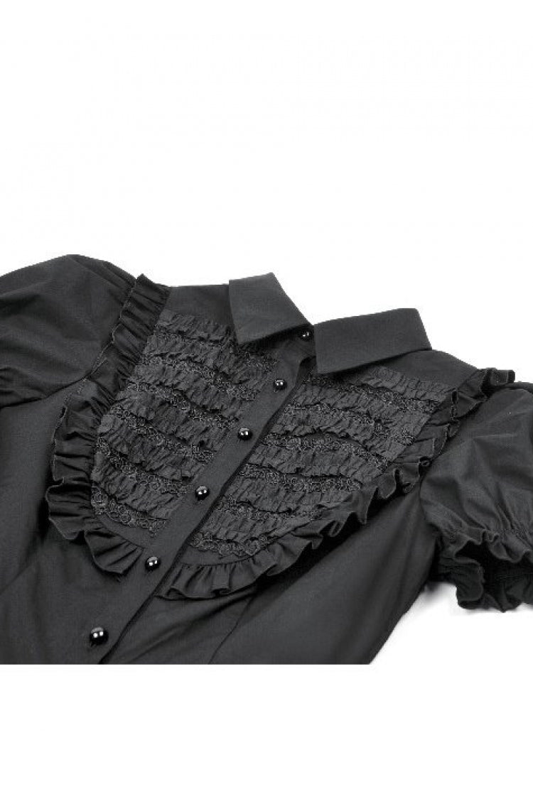 Black Pointed Turn‑down Collar Ruffled Short Puff Sleeves Pleated Women's Gothic Victorian Slim Blouse - Product - 12