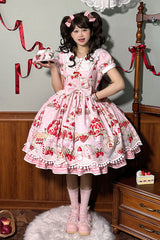 Mint Strawberry Dessert Doll Collar Short Sleeves Print Ruffle Bowknot Sweet Lolita Dress 4 Colors - Product - 17