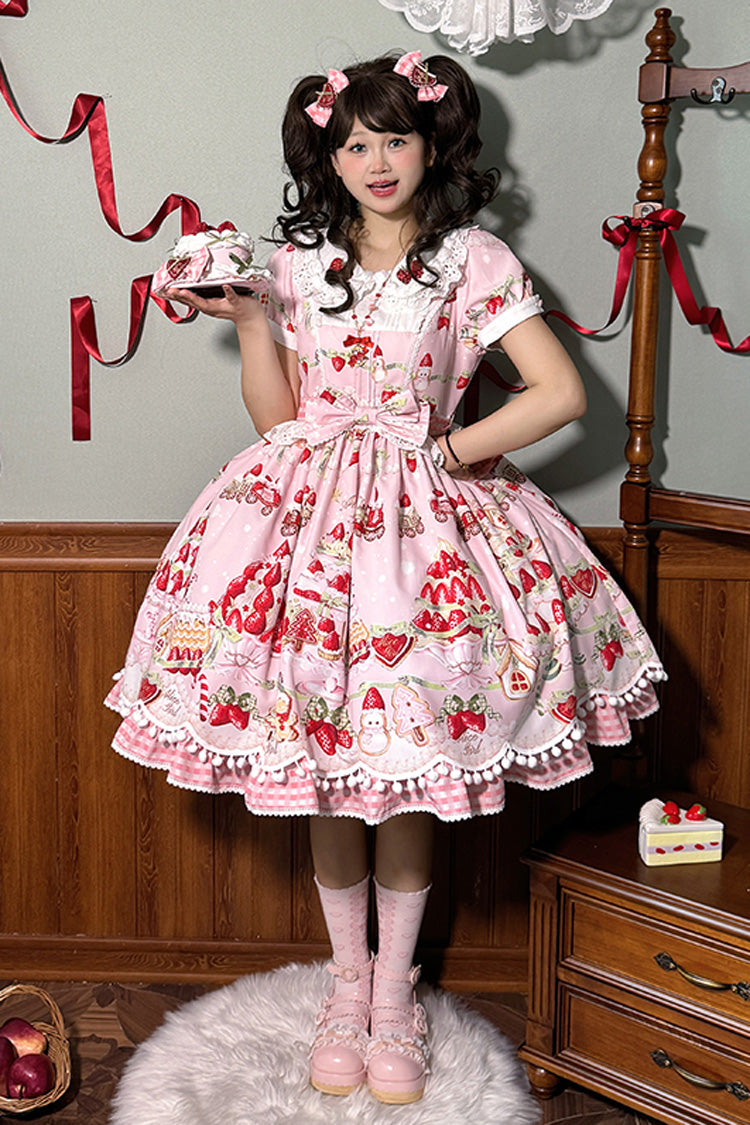 Mint Strawberry Dessert Doll Collar Short Sleeves Print Ruffle Bowknot Sweet Lolita Dress 4 Colors - Product - 17
