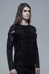 Black Long Sleeve Leather Strap Decoration Broken Holes Knit Men's Punk T-Shirt - Product - 2