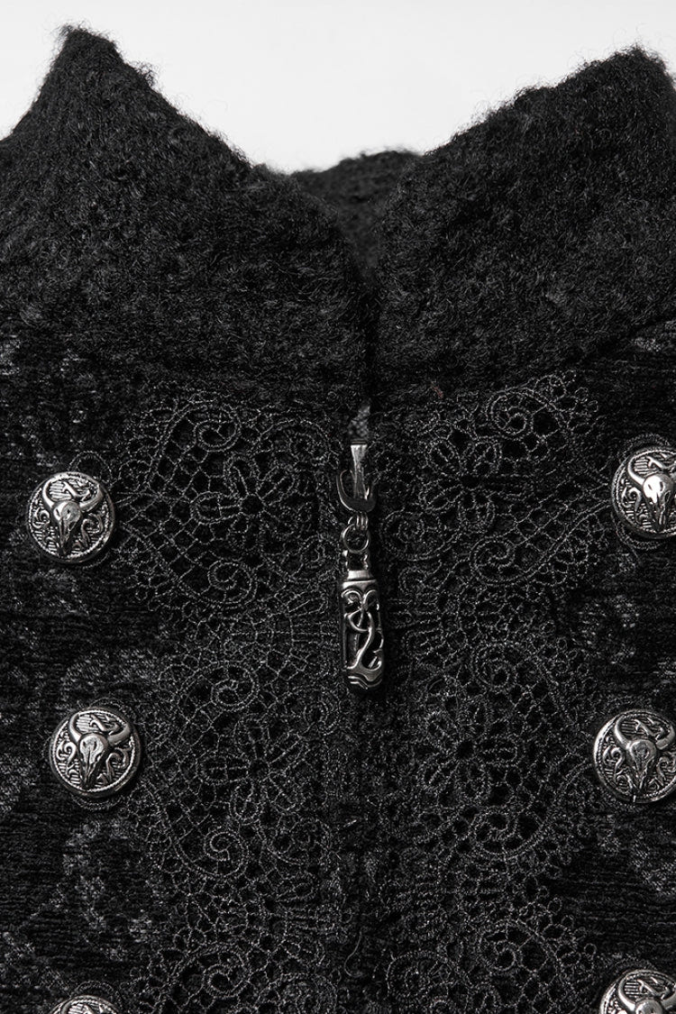 Black Stand Collar Long Sleeves Jacquard Zipper Double-Breasted Women's Punk Coat - Product - 4