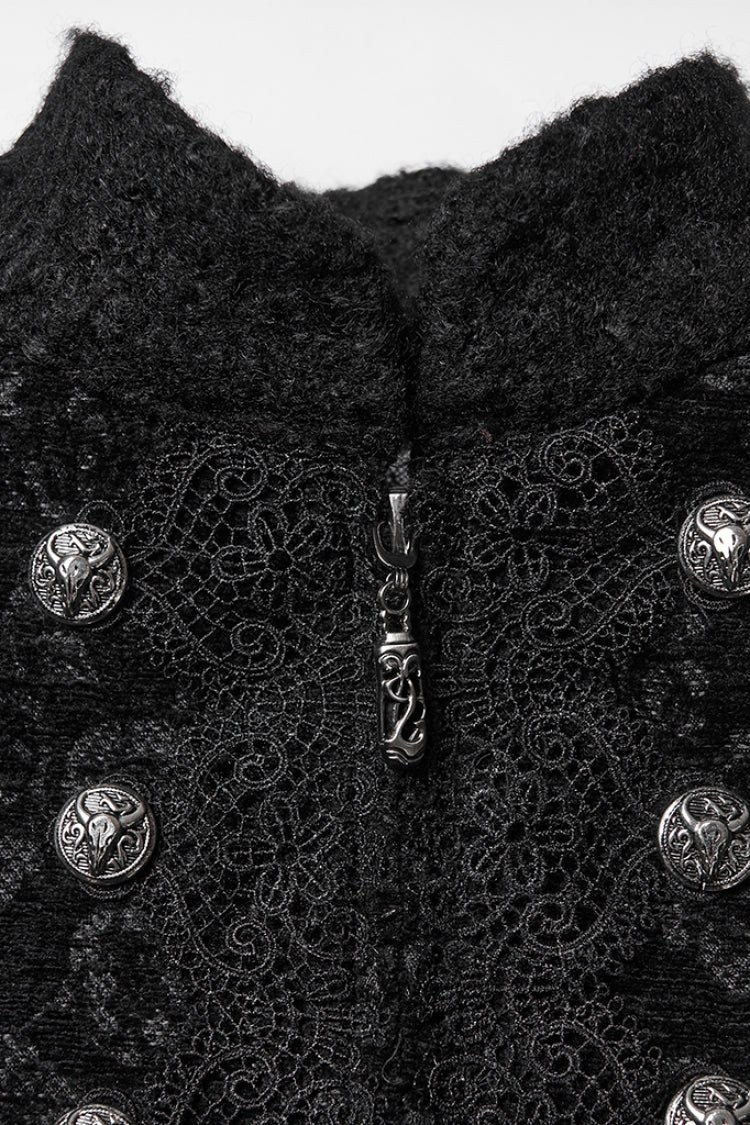 Black Stand Collar Long Sleeves Jacquard Zipper Double-Breasted Women's Punk Coat - Product - 4