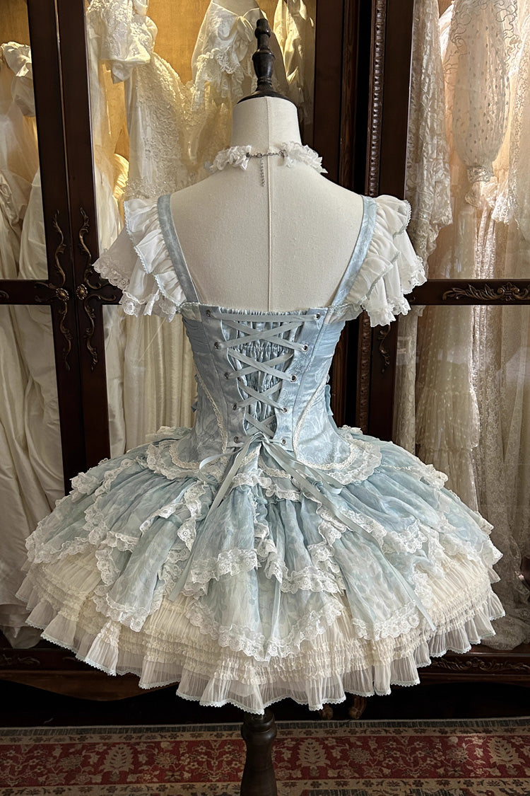Green [Floral Dream] Short Sleeves Multi-Layered Ruffle Embroidery Bowknot Lace-Up Sweet Elegant Ballet Lolita Jsk Dress - Product - 7