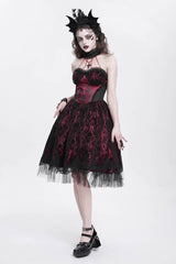 Red Halterneck Skeleton Print Embroidery Stitching Lace Women's Gothic Dress - Product - 10