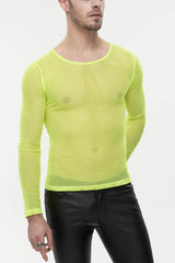 ellow Gothic Elasticity High Neck Long Sleeve Mesh Men's Shirt - Yellow - 1