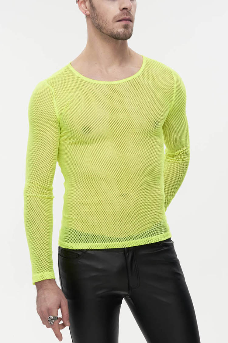 ellow Gothic Elasticity High Neck Long Sleeve Mesh Men's Shirt - Yellow - 1