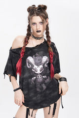 Black Short Sleeves Lilimar Print Ripped Women's Punk T-Shirt - Black - 1