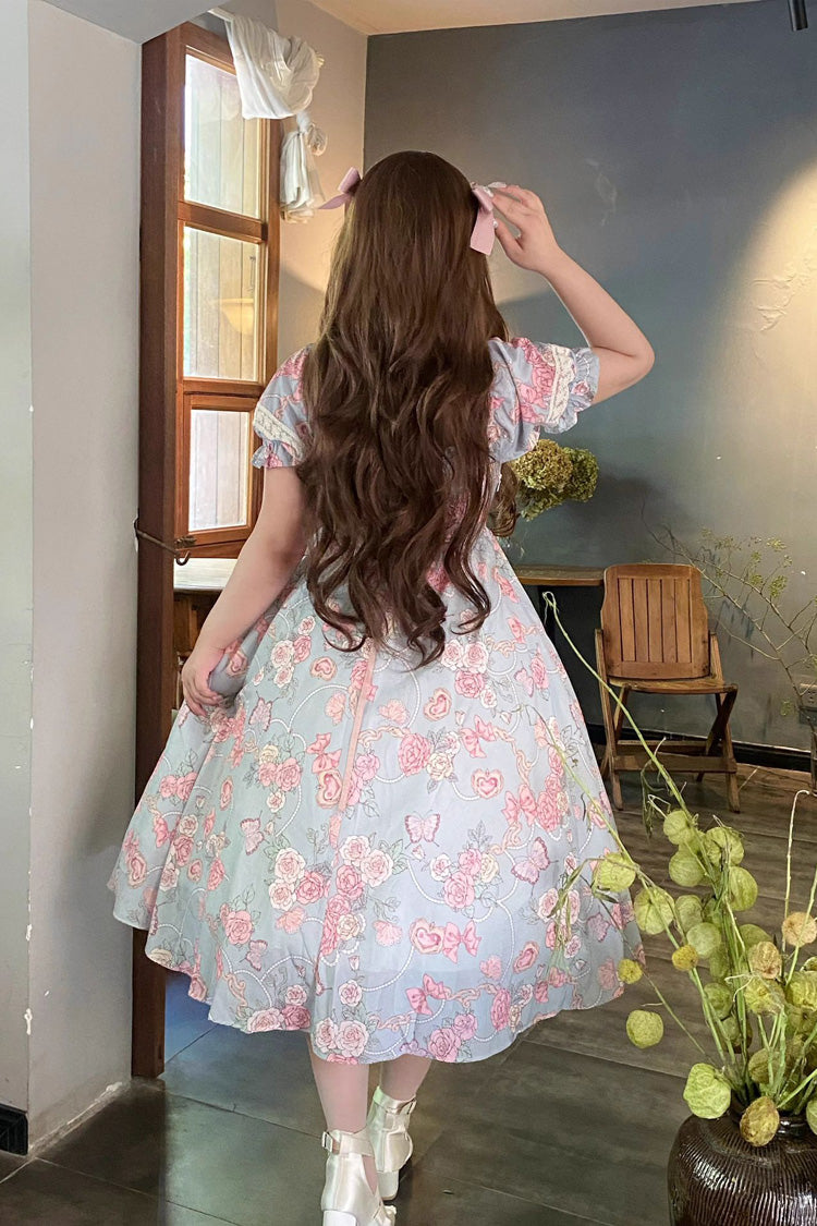 Blue Gem Rose Print Short Puff Sleeves Ruffle Bowknot Sweet Plus Size Lolita Dress - Product - 3