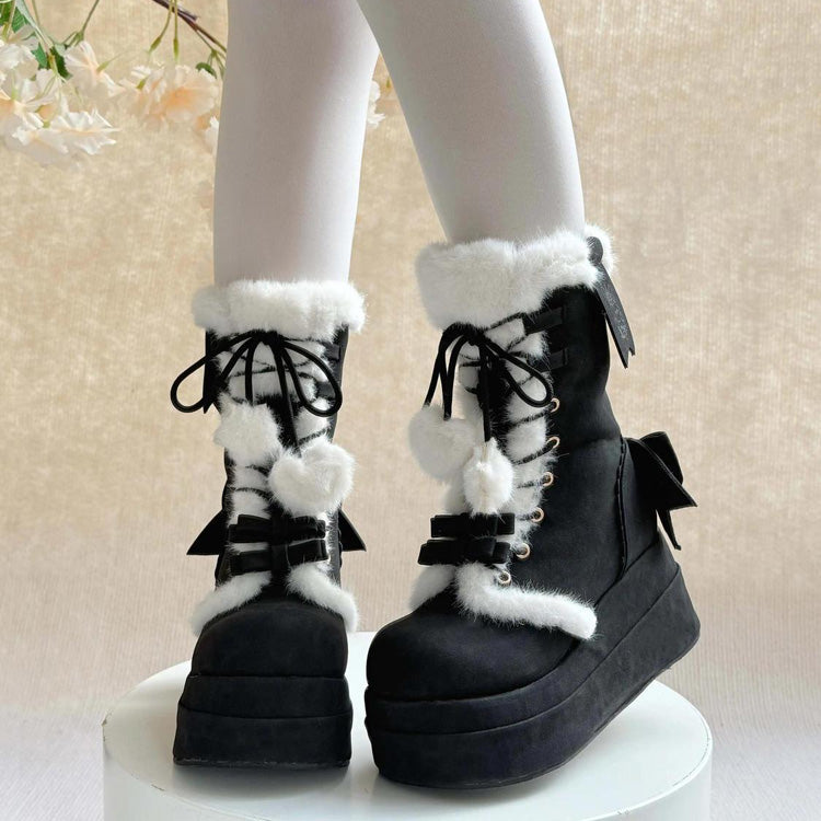 Black Cute Platform Thick-Soled Bowknot Lace-Up Sweet Lolita Plush Boots - Black - 1