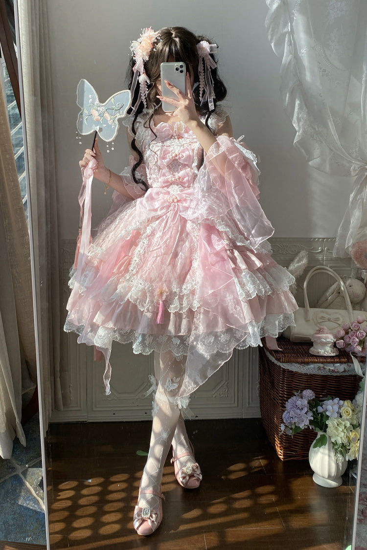 Pink [Spring Waters Reflecting Pear Blossoms] Ruffled Embroidered Open-Front Bow Lace Sweet Lolita Jsk Dress - Product - 5