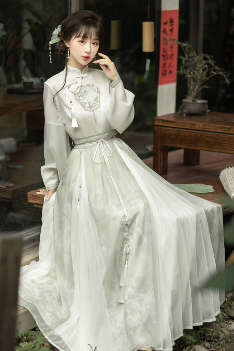Green Stand Collar Lantern Sleeves High Waisted Embroidery Sweet Chinese Style Hanfu Skirt And Blouse Set - Product - 5