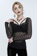 Black Lace Mesh Front Red Diamond Long Sleeve Transparent Women's Punk T-Shirt - Product - 2