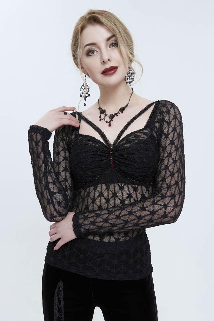 Black Lace Mesh Front Red Diamond Long Sleeve Transparent Women's Punk T-Shirt - Product - 2