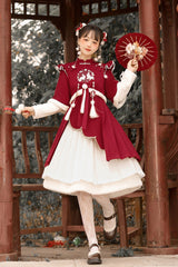Red Round Collar Long Sleeves High Waisted Rabbits Embroidery Sweet Hanfu Dress Full Set - Product - 2