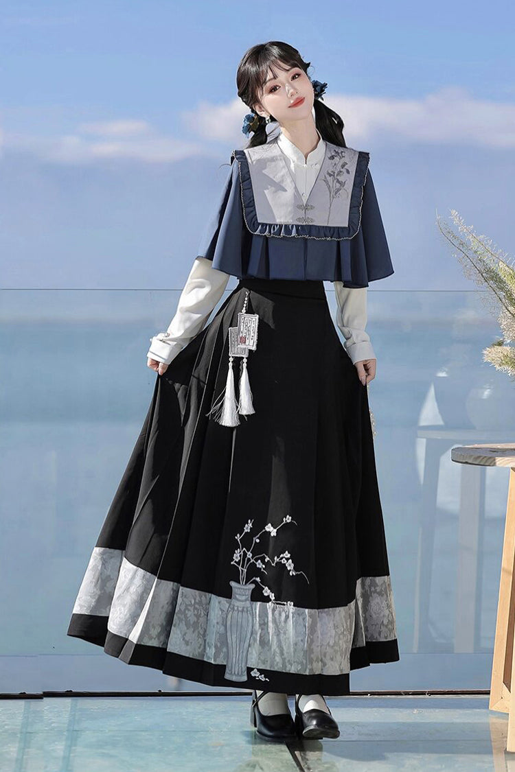 Black/Blue Round Collar Long Sleeves Print Slim Women's Classic Hanfu Dress Three-piece Set - Black/Blue - 1